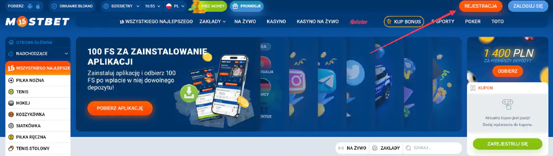 Przycisk do rejestracji w MostBet